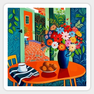 Modern Still Life Painting with Floral Vase and Garden View Sticker